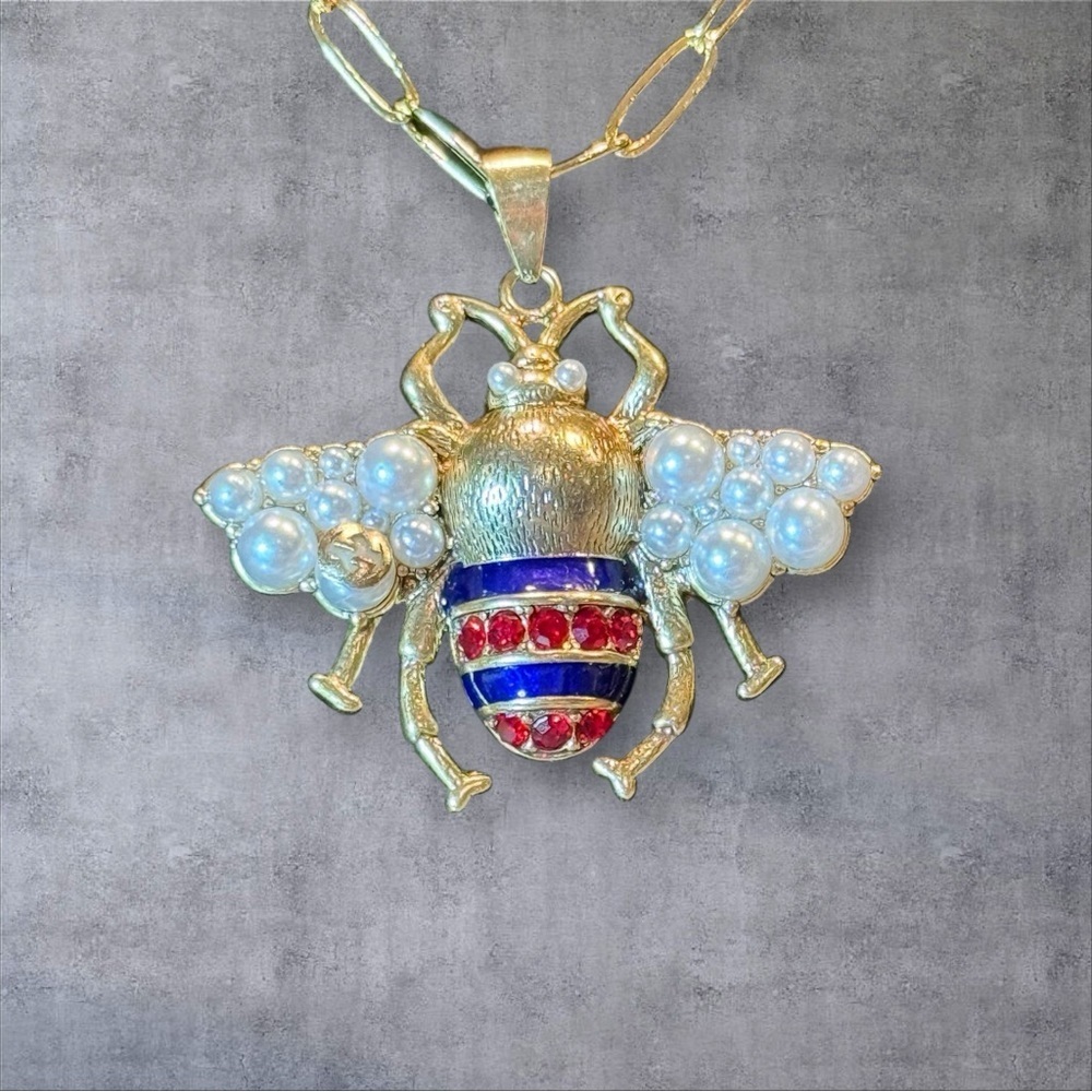 Upcycled Gucci Gold and Pearl Bee Pendant Necklace